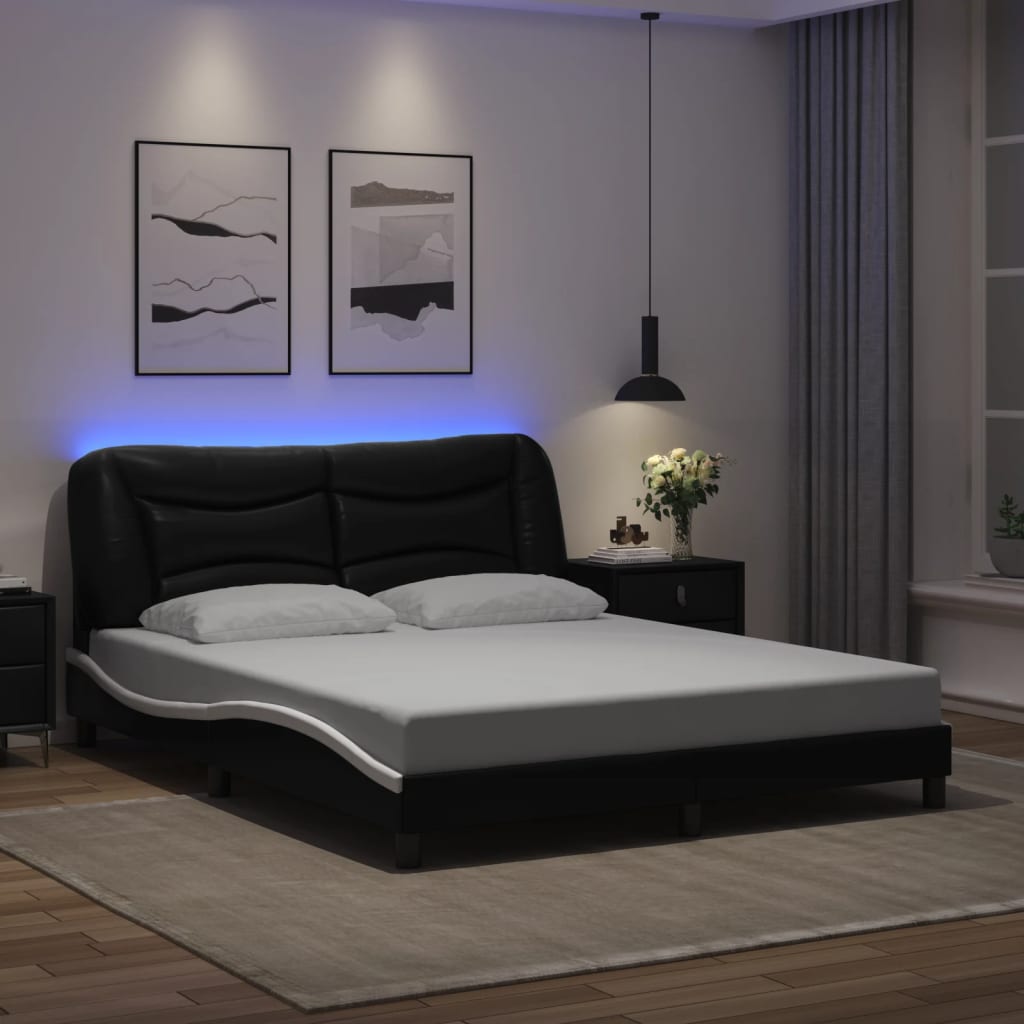 Bed frame with Black and White LED light 160x200 cm in imitation leather