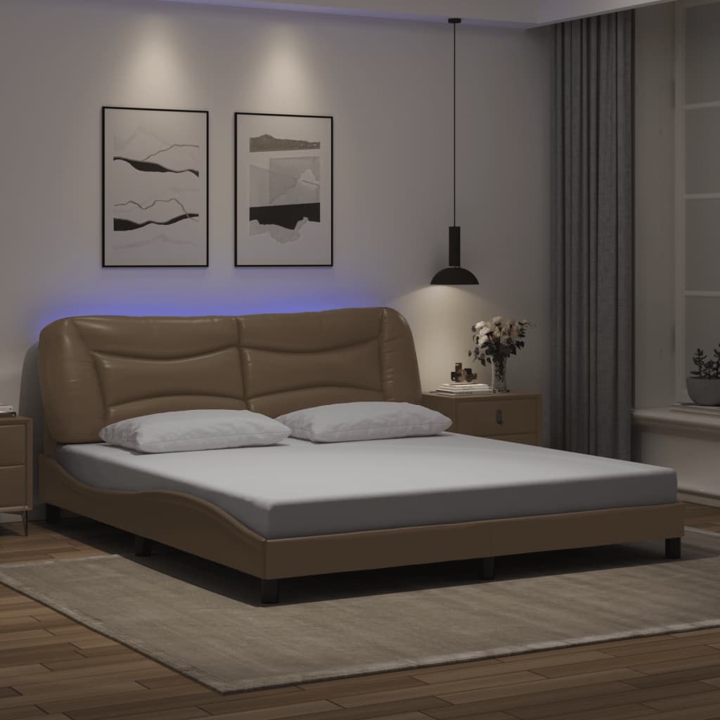 Cappuccino bed frame with LED lights 180x200 cm in imitation leather