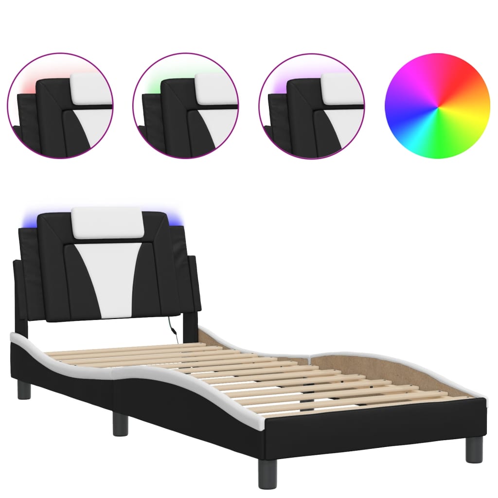 Bed frame with Black and White LED lights 80x200 cm in imitation leather