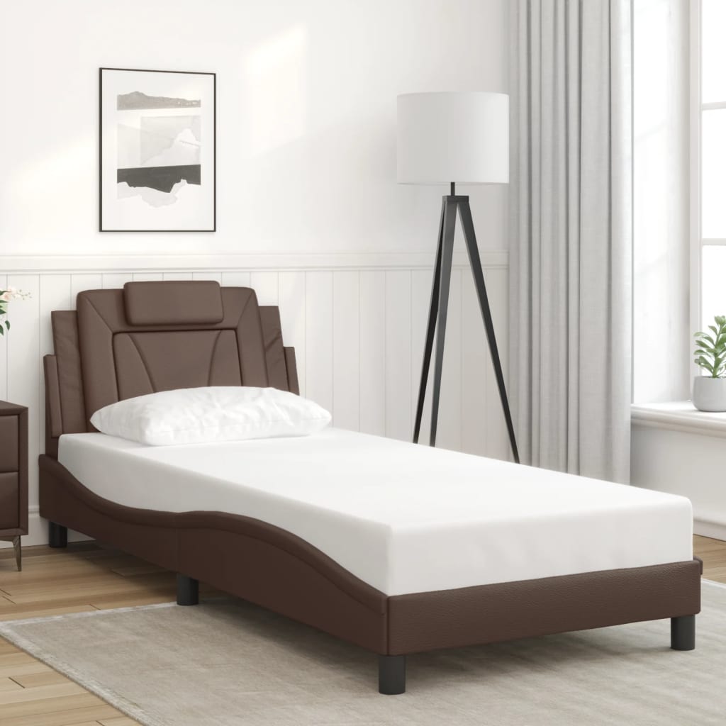 Bed frame with Brown LED lights 90x190 cm in imitation leather