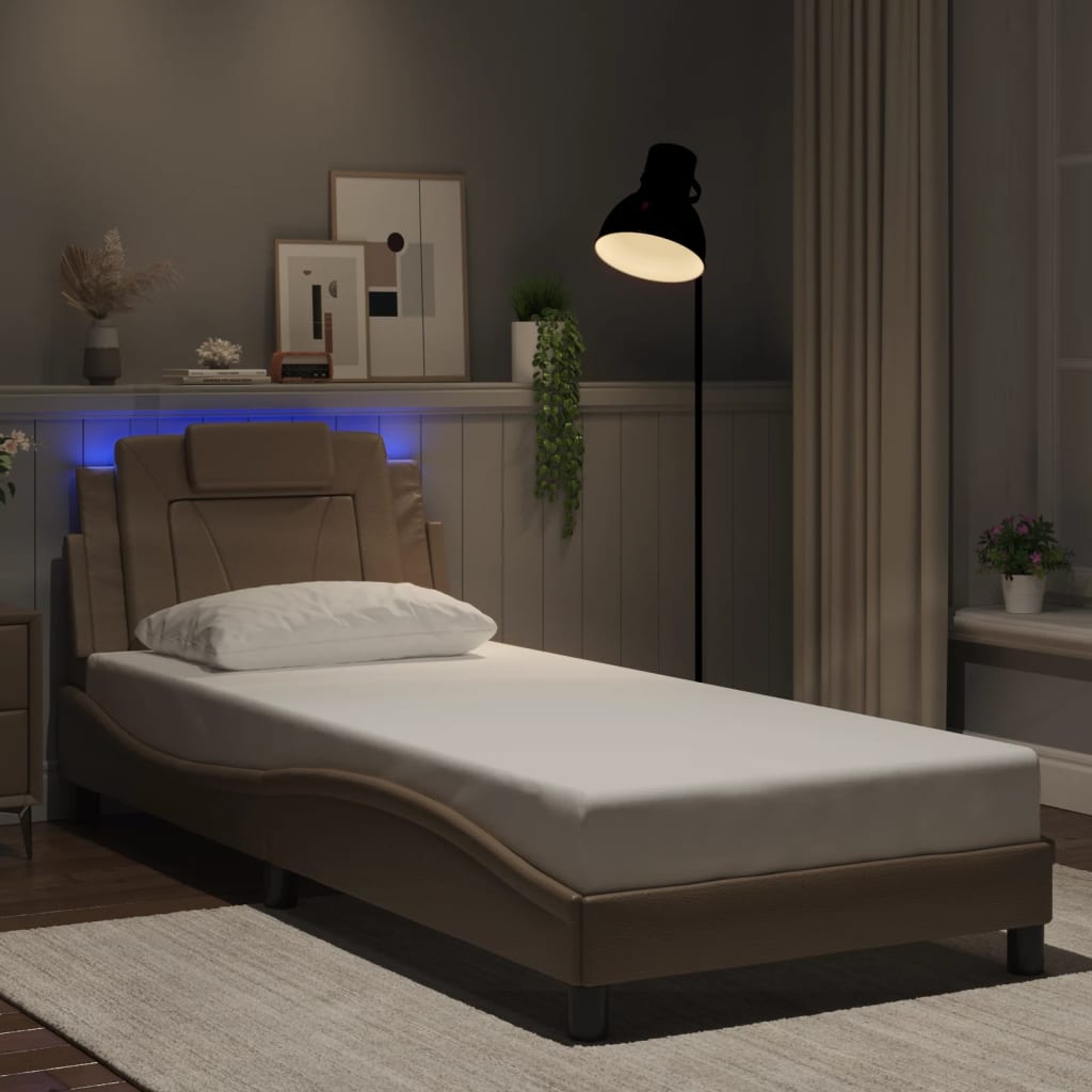 Cappuccino bed frame with LED lights 90x200 cm in imitation leather