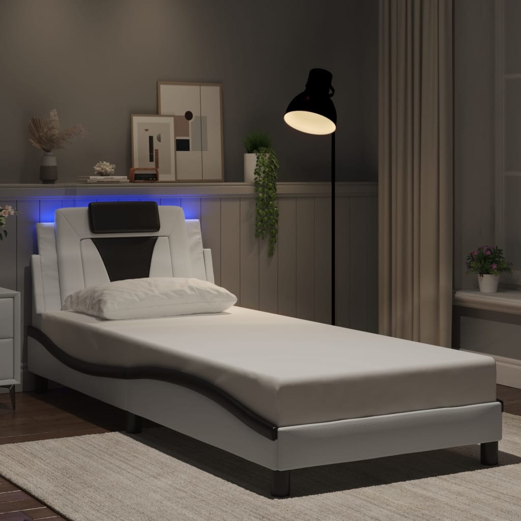 Bed frame with Black and White LED lights 90x200 cm in imitation leather