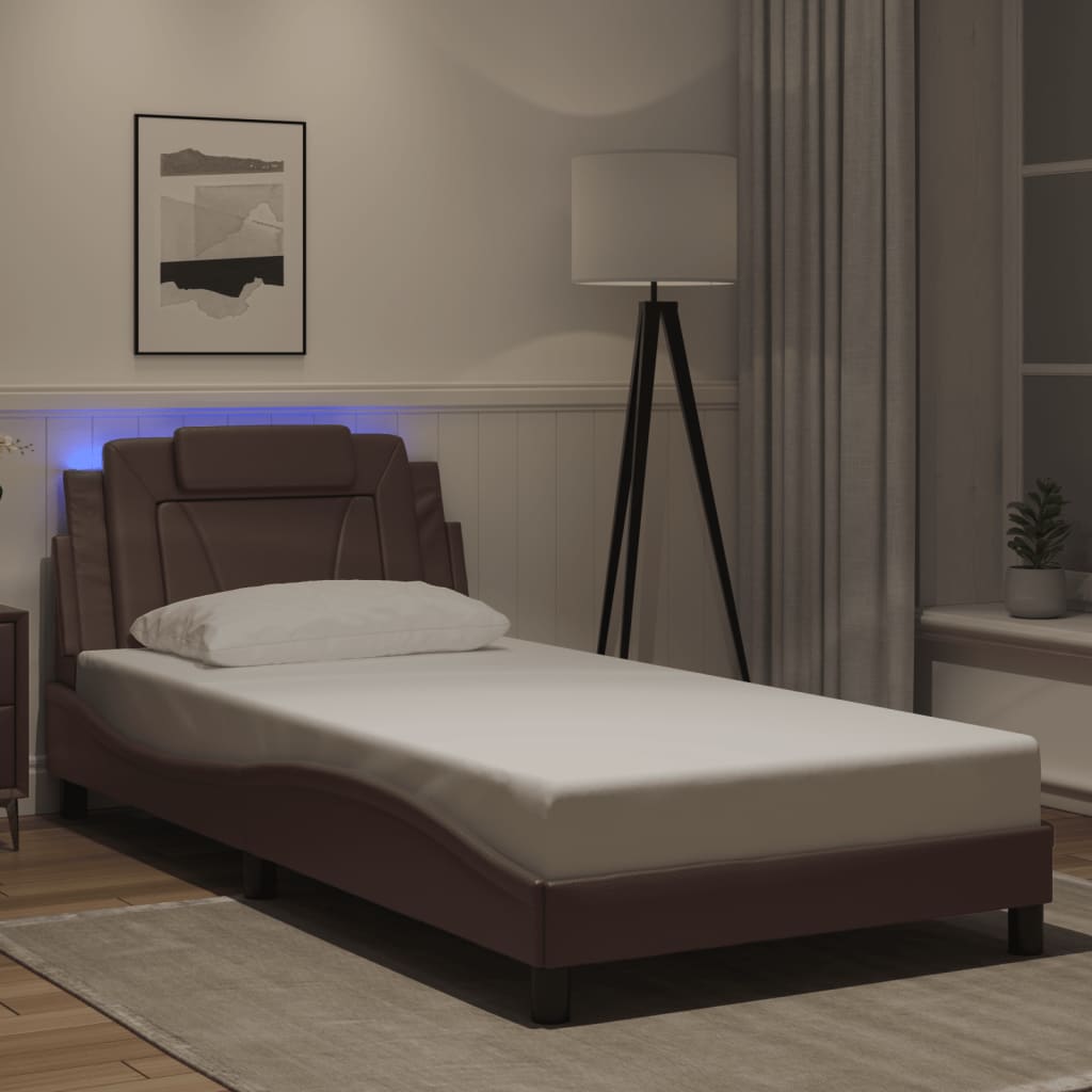 Bed frame with Brown LED lights 100x200 cm in imitation leather