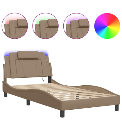 Cappuccino bed frame with LED lights 100x200 cm in imitation leather