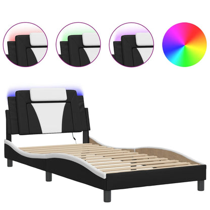 Bed frame with Black and White LED lights 100x200 cm in imitation leather