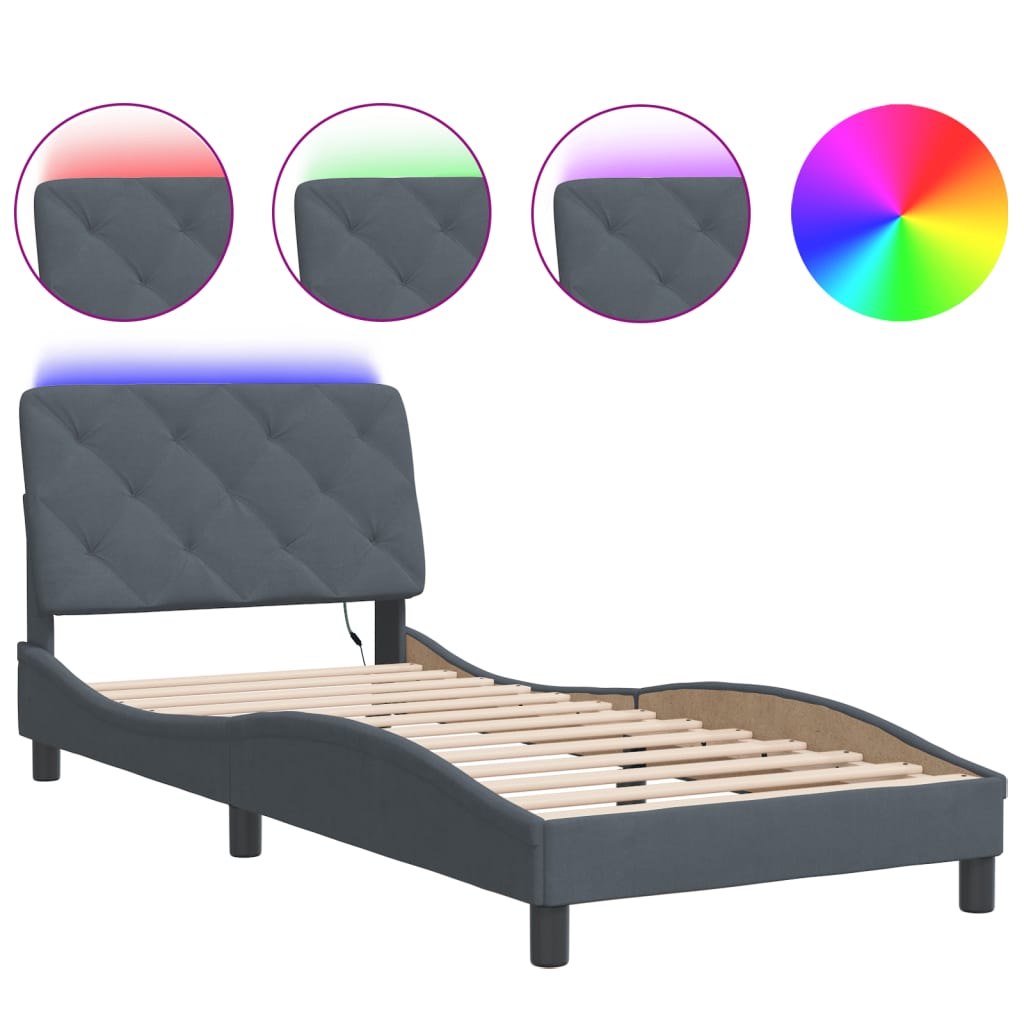 Bedframe with LED Light Dark Gray 90x190 cm in Velvet