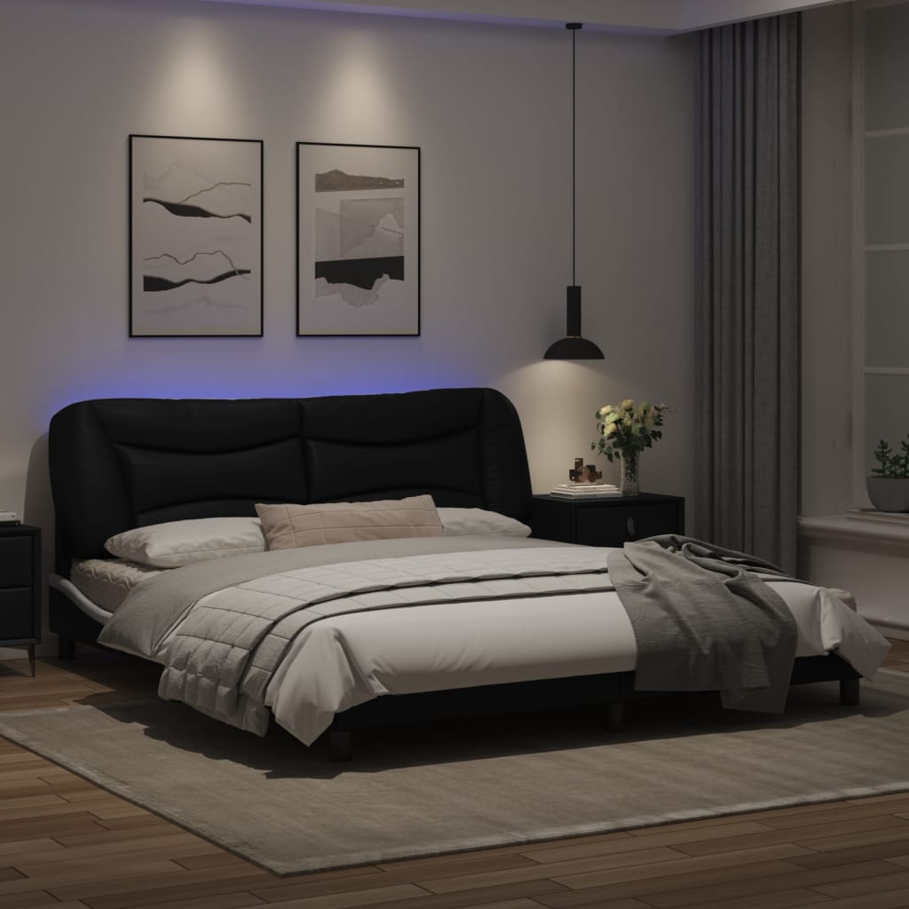 Bed frame with Black and White LED light 180x200 cm in imitation leather