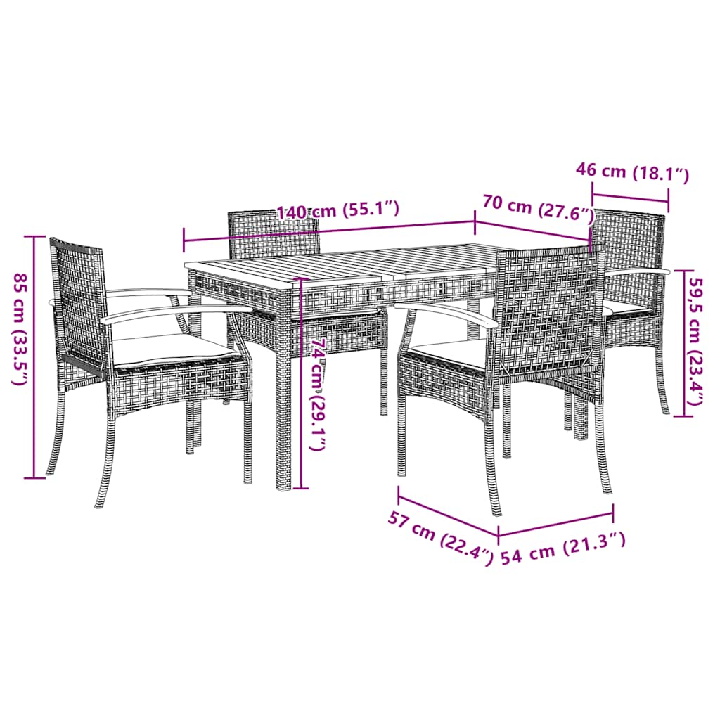 Set da Pranzo da Giardino 5 pz Nero con Cuscini in Polyrattan | homemem39