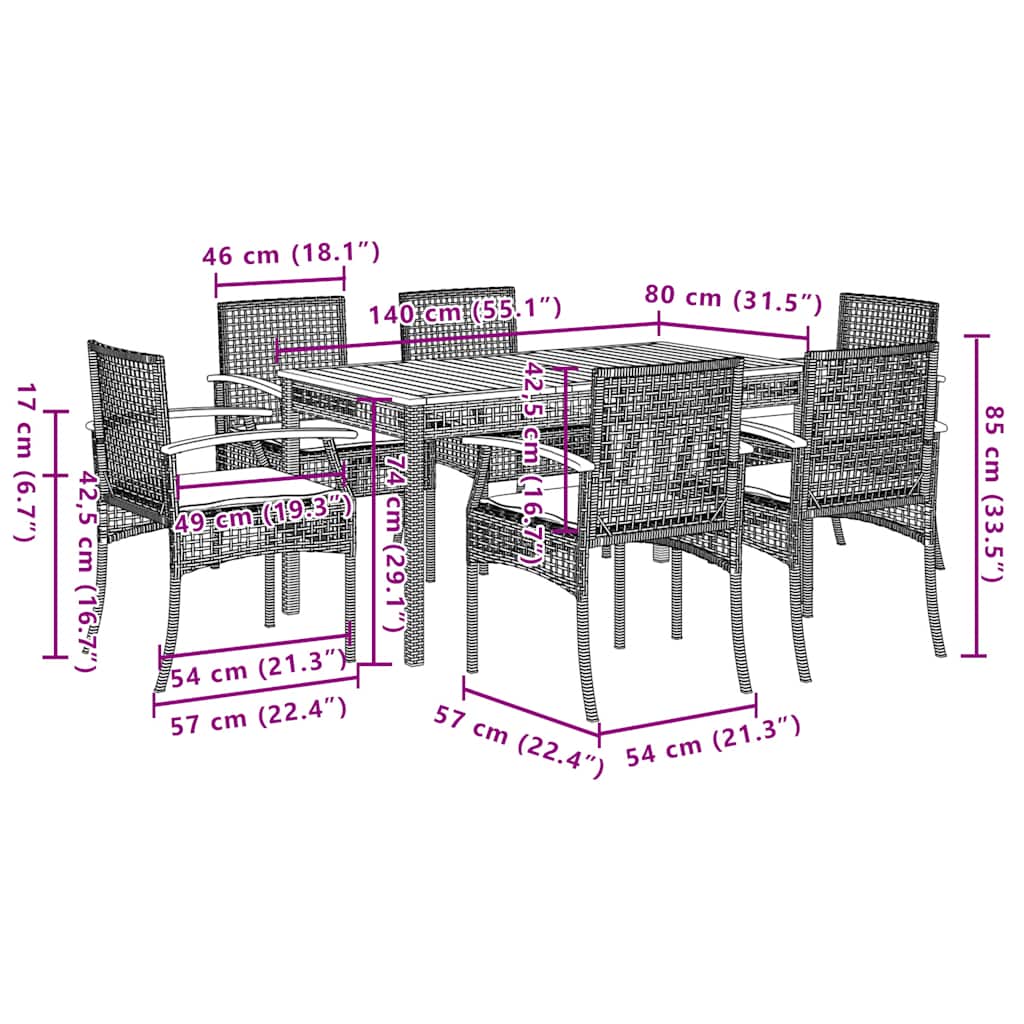 Set da Pranzo da Giardino 7 pz Nero con Cuscini in Polyrattan