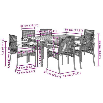 Set da Pranzo da Giardino 7 pz Nero con Cuscini in Polyrattan