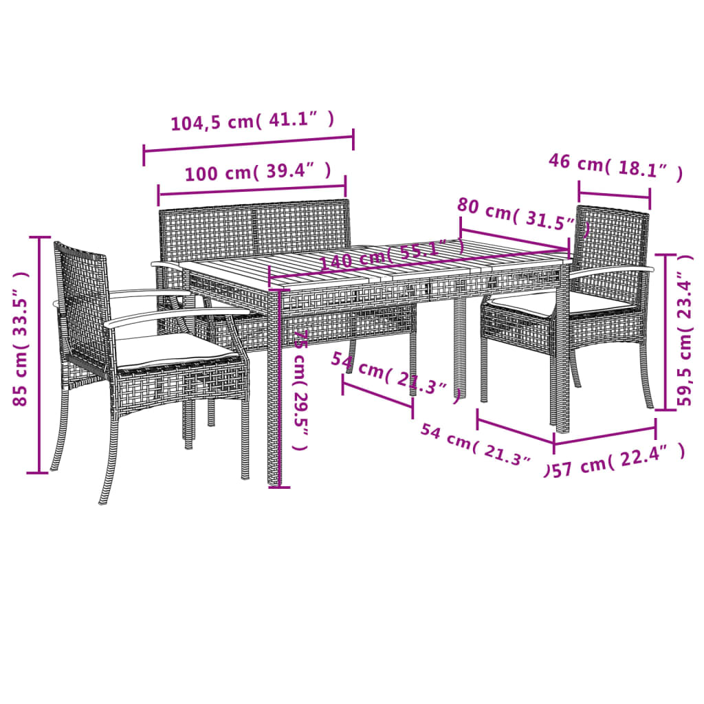 Set da Pranzo da Giardino 4 pz con Cuscini Nero in Polyrattan | homemem39