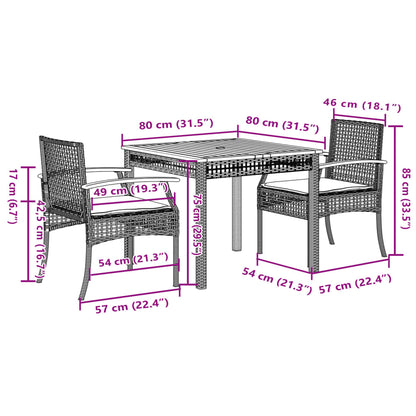 Set da Pranzo da Giardino 3 pz con Cuscini in Polyrattan Grigio