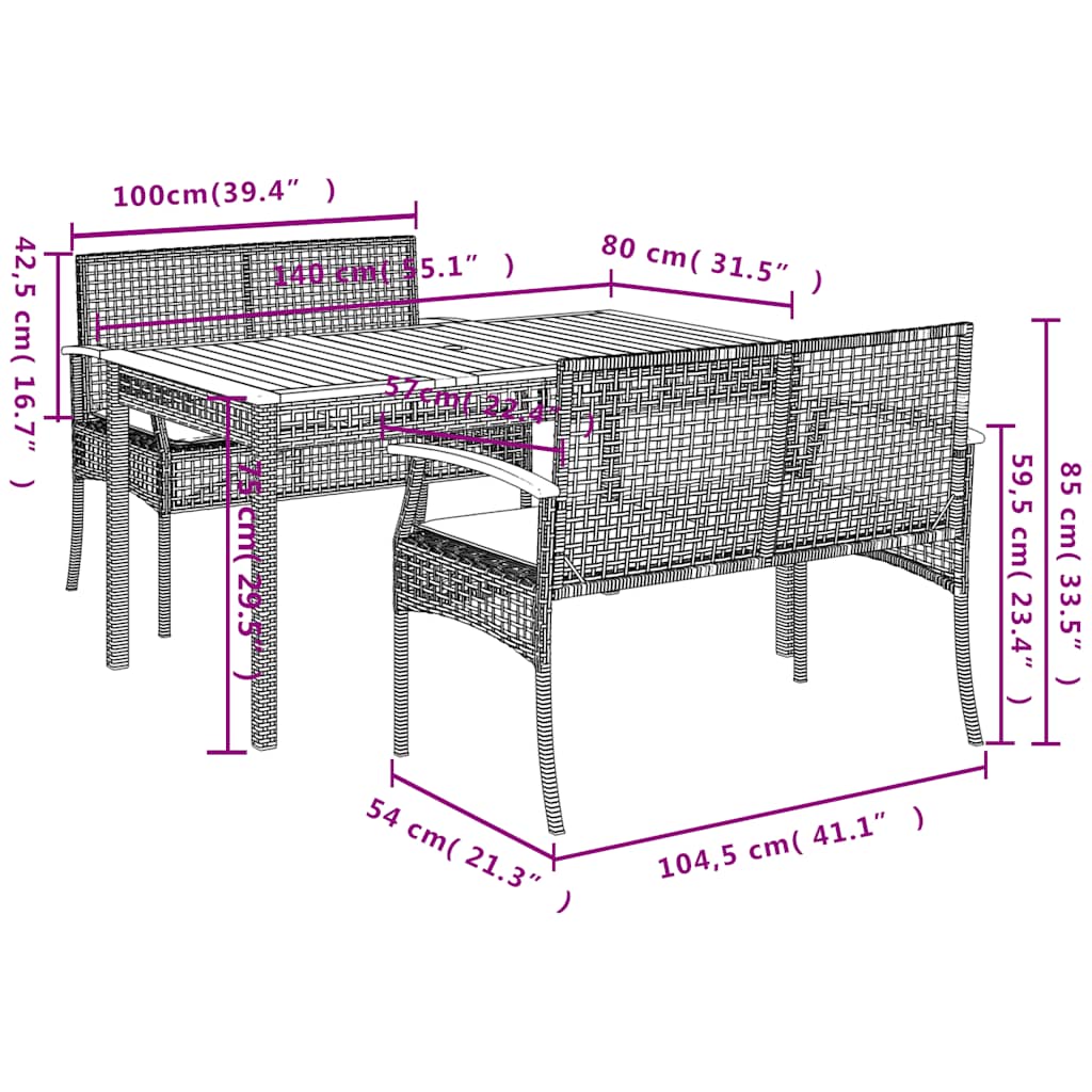 Set da Pranzo da Giardino 3 pz con Cuscini Beige in Polyrattan | homemem39