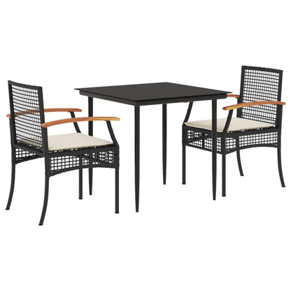 Set da Pranzo da Giardino 3 pz con Cuscini Nero in Polyrattan