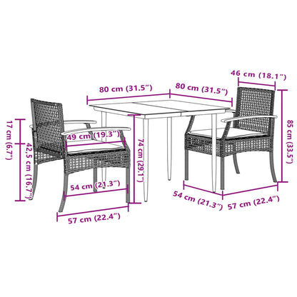 Set da Pranzo da Giardino 3 pz con Cuscini Nero in Polyrattan