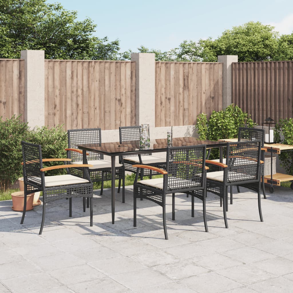 Set da Pranzo da Giardino 7 pz Nero con Cuscini in Polyrattan - homemem39