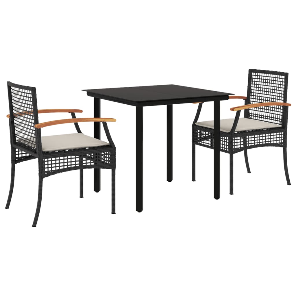 Set da Pranzo da Giardino 3 pz con Cuscini Nero in Polyrattan - homemem39