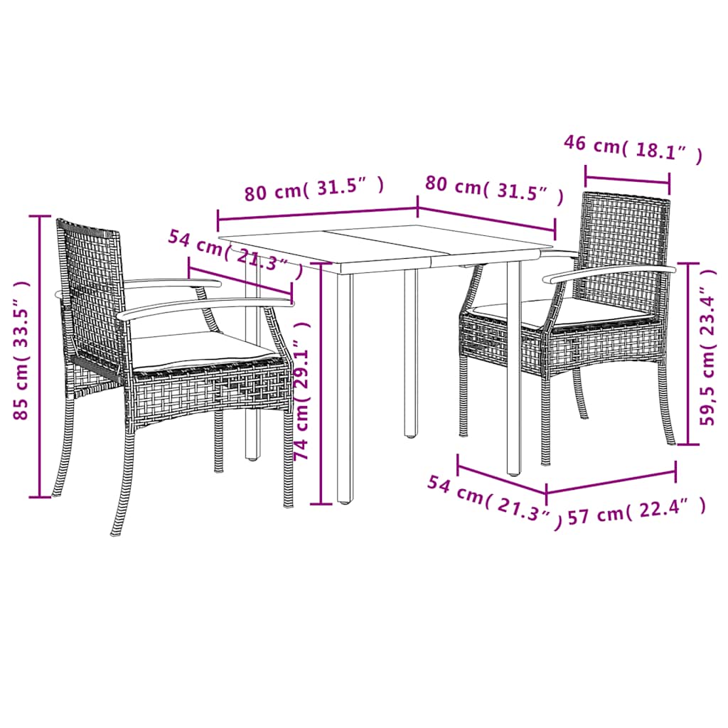 Set da Pranzo da Giardino 3 pz con Cuscini Nero in Polyrattan | homemem39