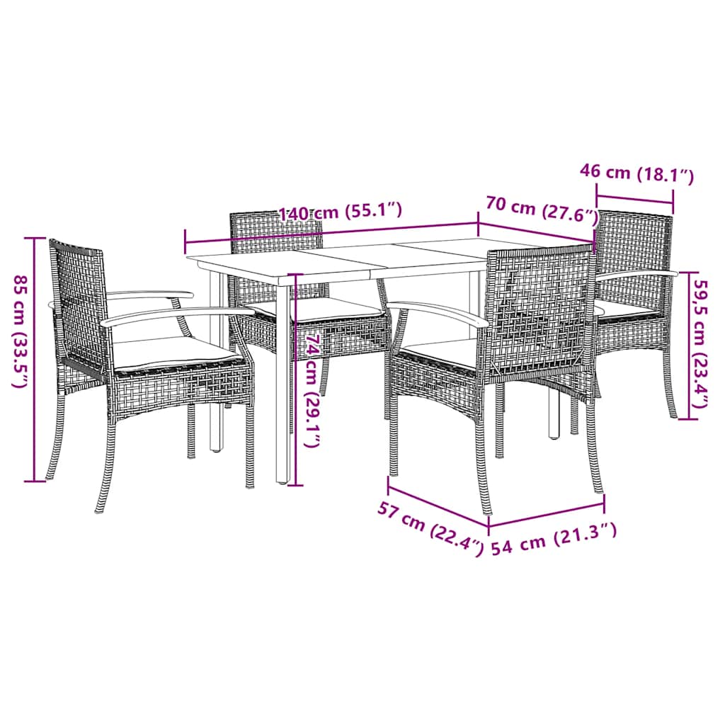 Set da Pranzo da Giardino 5 pz Nero con Cuscini in Polyrattan | homemem39