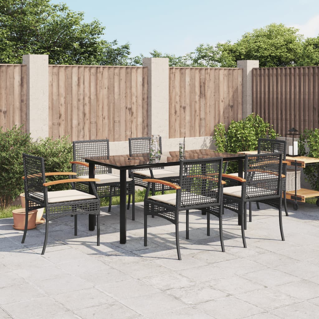 Set da Pranzo da Giardino 7 pz Nero con Cuscini in Polyrattan - homemem39