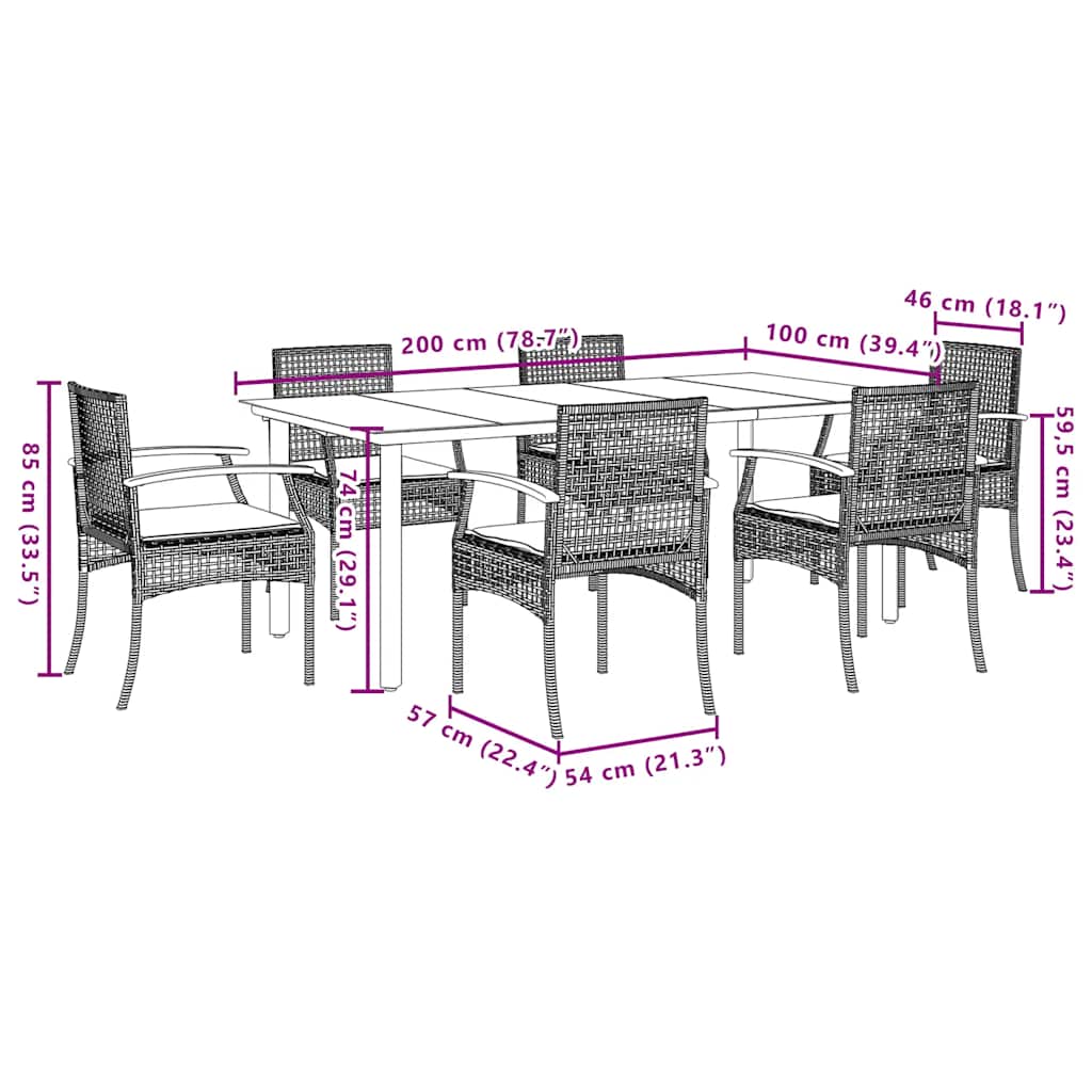 Set da Pranzo da Giardino 7 pz Nero con Cuscini in Polyrattan | homemem39