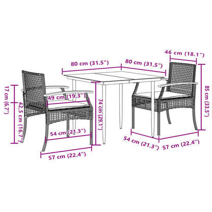 Set da Pranzo da Giardino 3 pz con Cuscini in Polyrattan Grigio