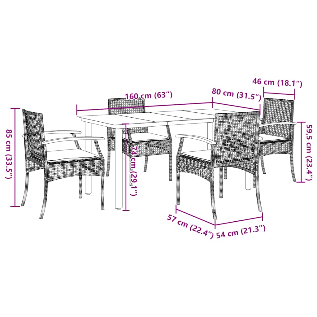 Set da Pranzo da Giardino 5 pz con Cuscini in Polyrattan Grigio | homemem39