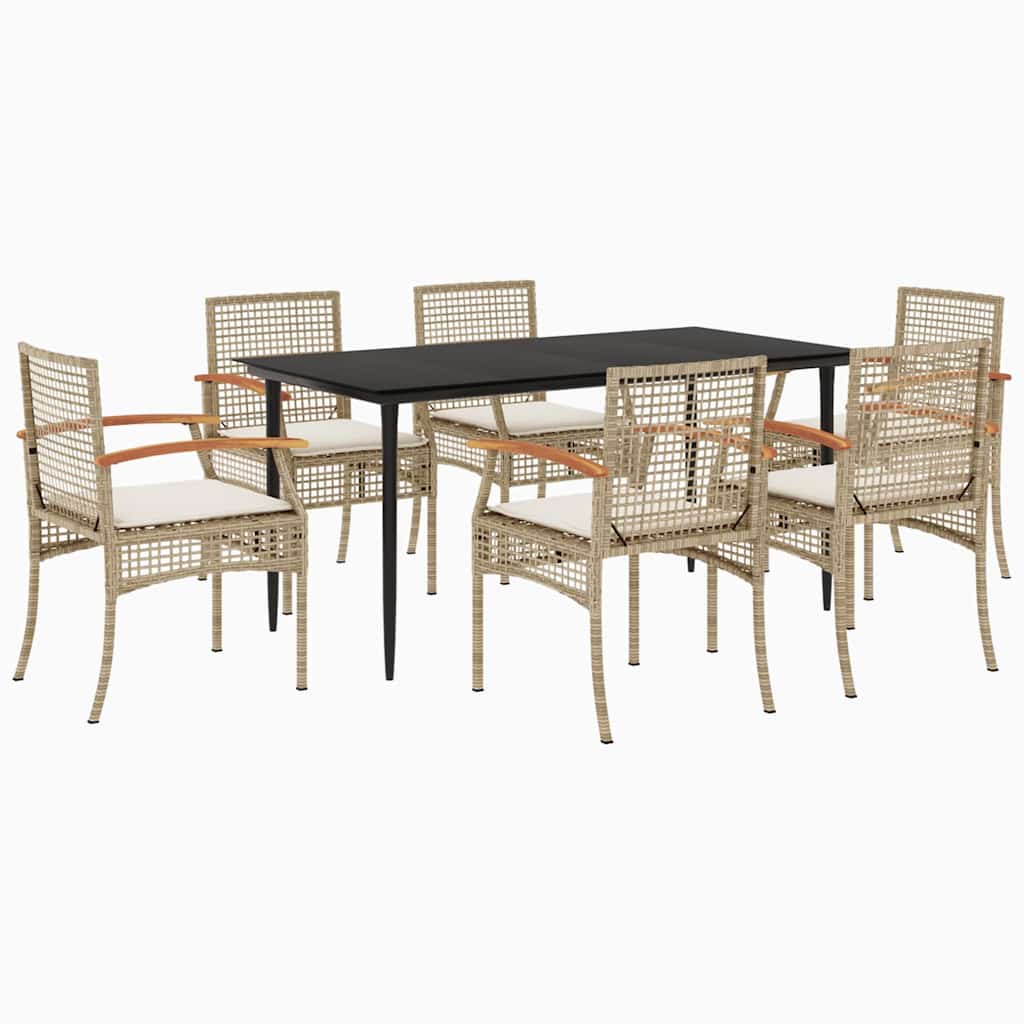 Set da Pranzo da Giardino 7 pz con Cuscini Beige in Polyrattan