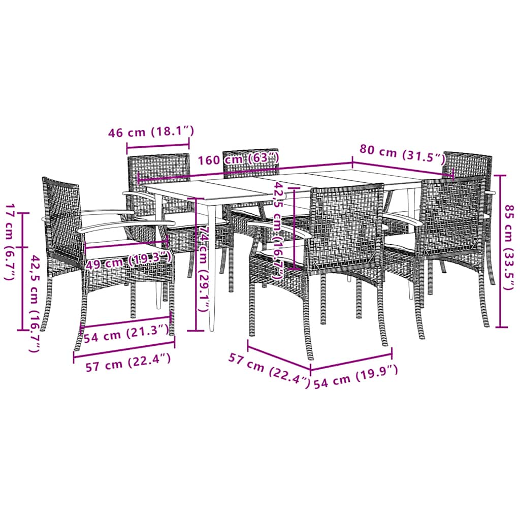 Set da Pranzo da Giardino 7 pz con Cuscini Beige in Polyrattan
