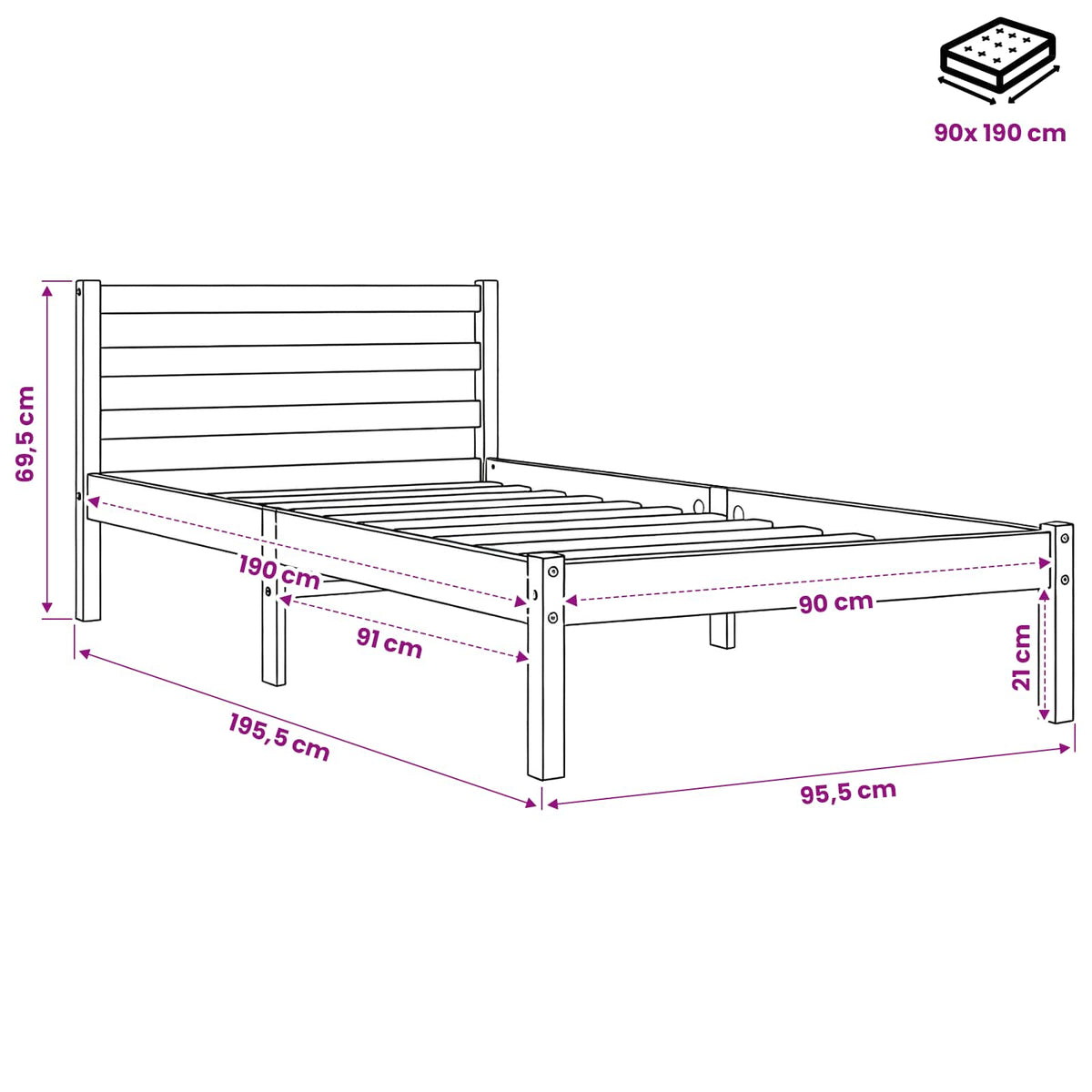Letto senza Materasso Marrone Cera 90x190 cm in Legno di Pino | homemem39