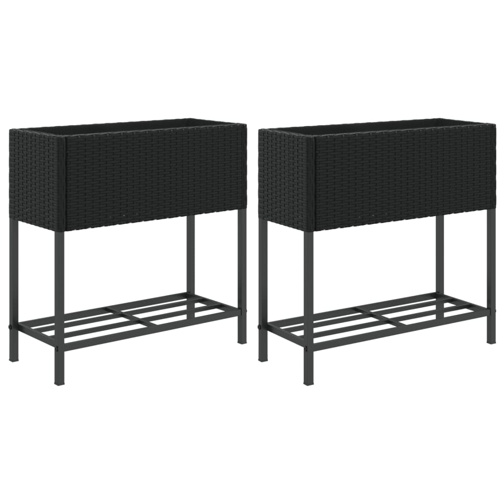 Fioriere da Giardino con Ripiani 2pz Nere 70x28x70cm Polyrattan