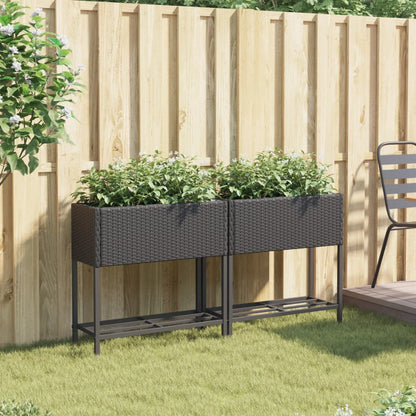 Fioriere da Giardino con Ripiani 2pz Nere 70x28x70cm Polyrattan