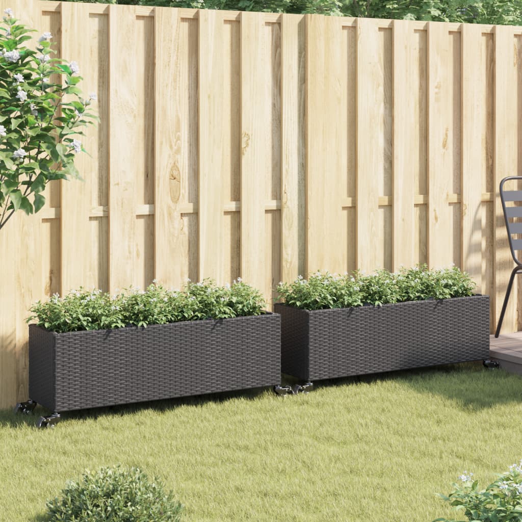 Fioriere da Giardino con Ruote 2pz Nere 107x32x38 cm Polyrattan