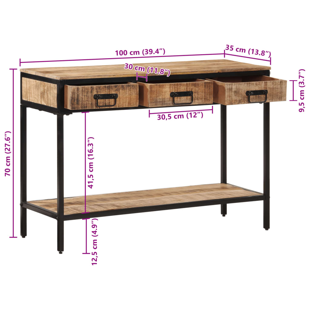 Tavolo Consolle 100x35x70 cm in Legno Massello di Mango Grezzo