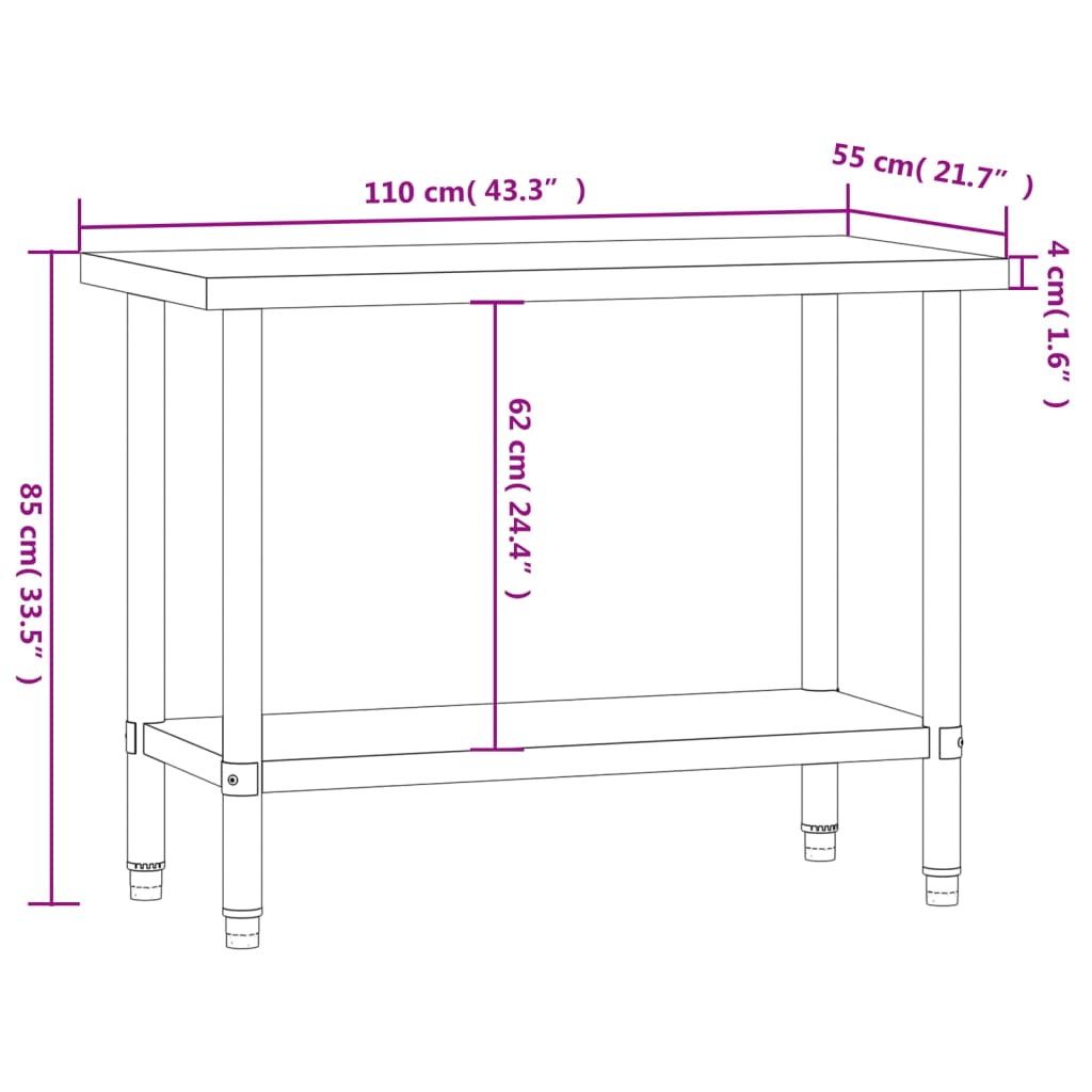 Tavolo da Lavoro da Cucina 110x55x85 cm in Acciaio Inossidabile | homemem39