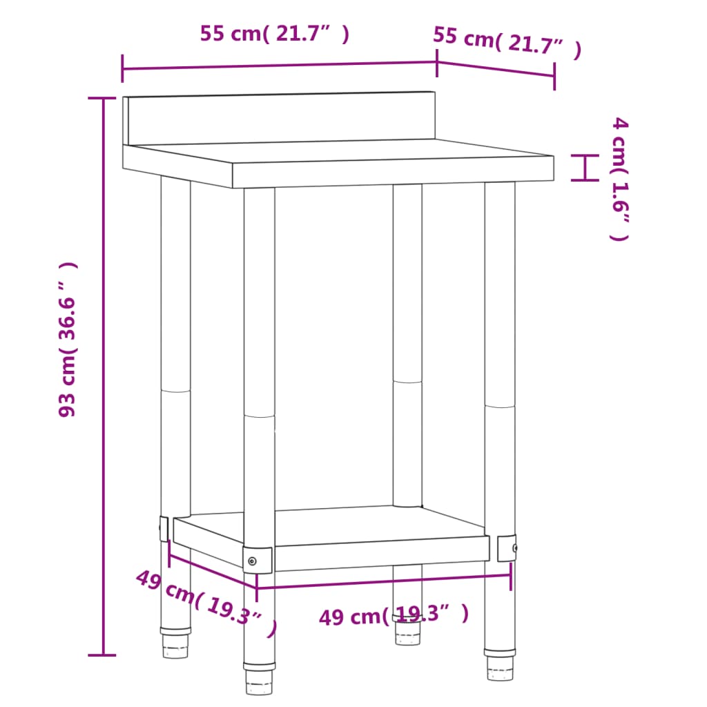 Tavolo Lavoro da Cucina con Paraschizzi 55x55x93cm Acciaio Inox
