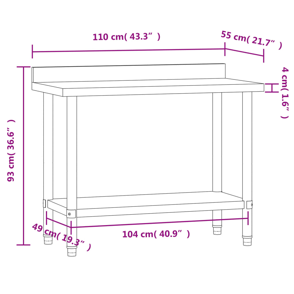 Tavolo Lavoro Cucina con Paraschizzi 110x55x93cm Acciaio Inox | homemem39