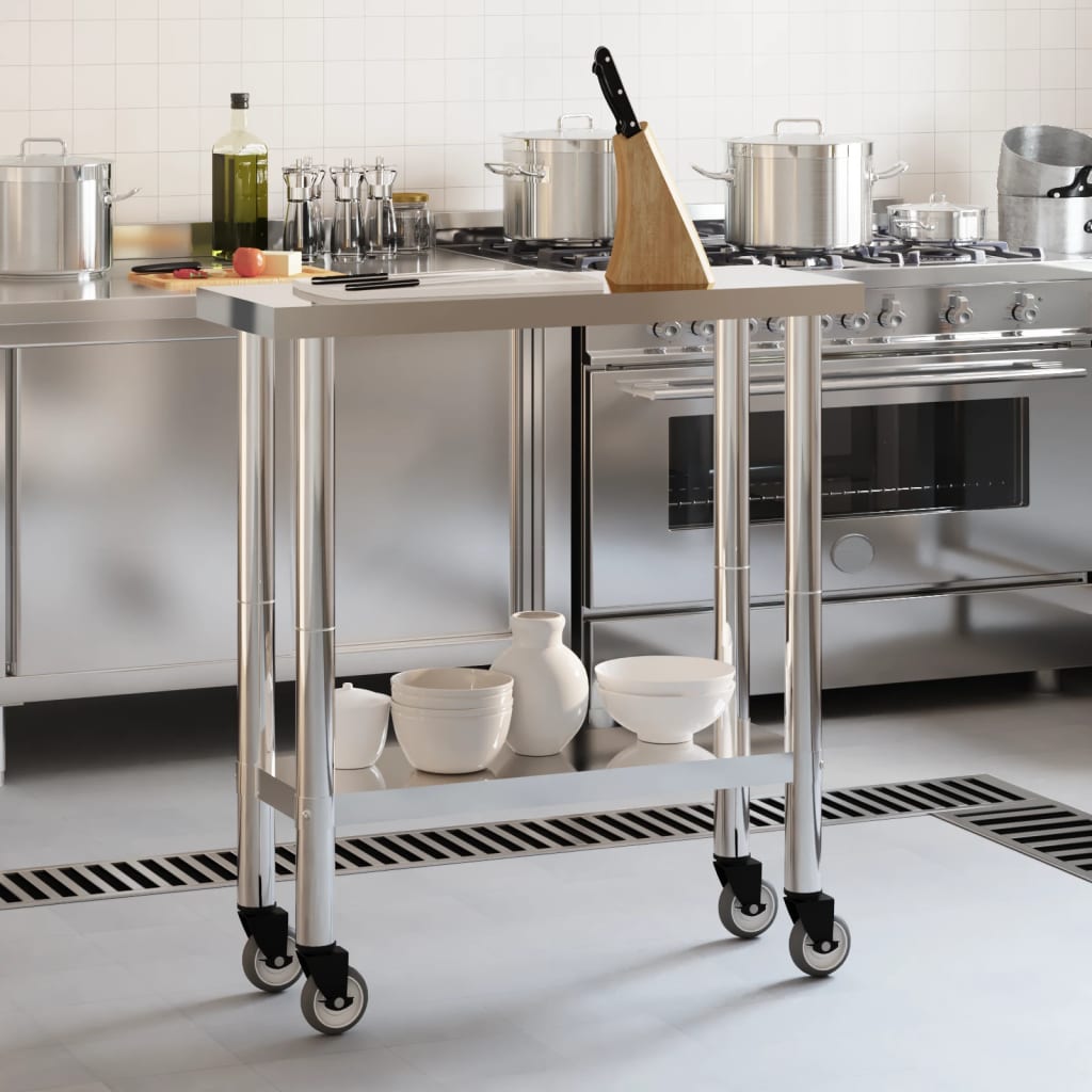 Tavolo da Lavoro Cucina con Ruote 82,5x30x85 cm in Acciaio Inox - homemem39