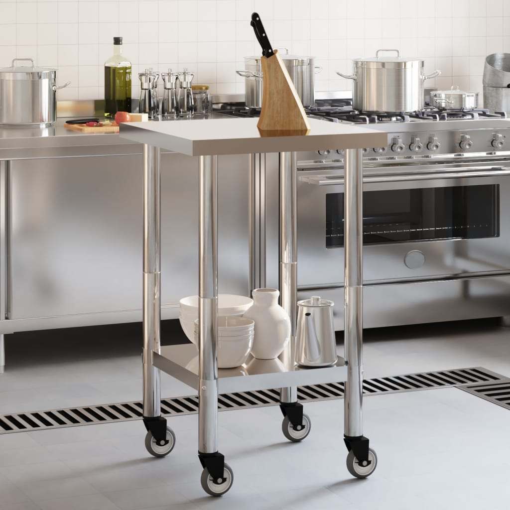 Tavolo da Lavoro Cucina con Ruote 55x55x85 cm in Acciaio Inox - homemem39