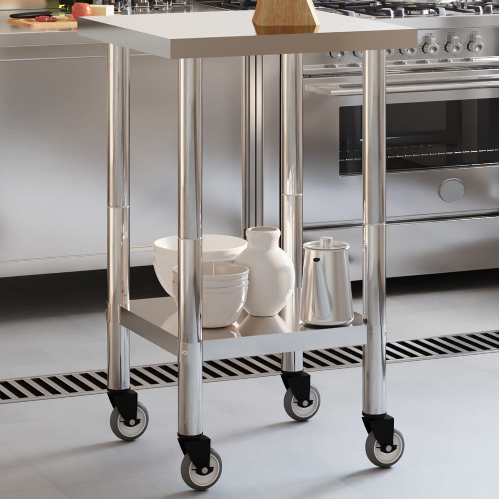 Tavolo da Lavoro Cucina con Ruote 55x55x85 cm in Acciaio Inox - homemem39