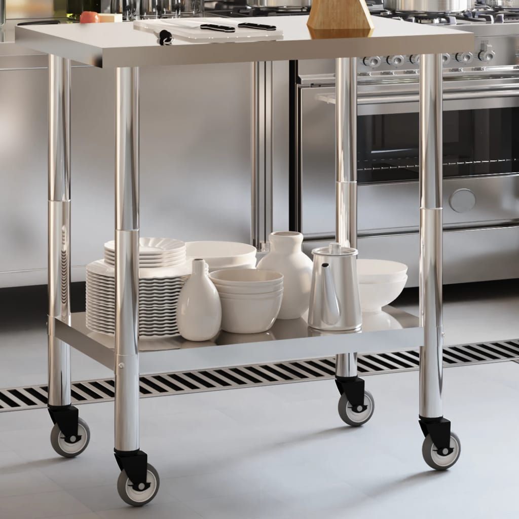 Tavolo da Lavoro Cucina con Ruote 82,5x55x85 cm in Acciaio Inox - homemem39