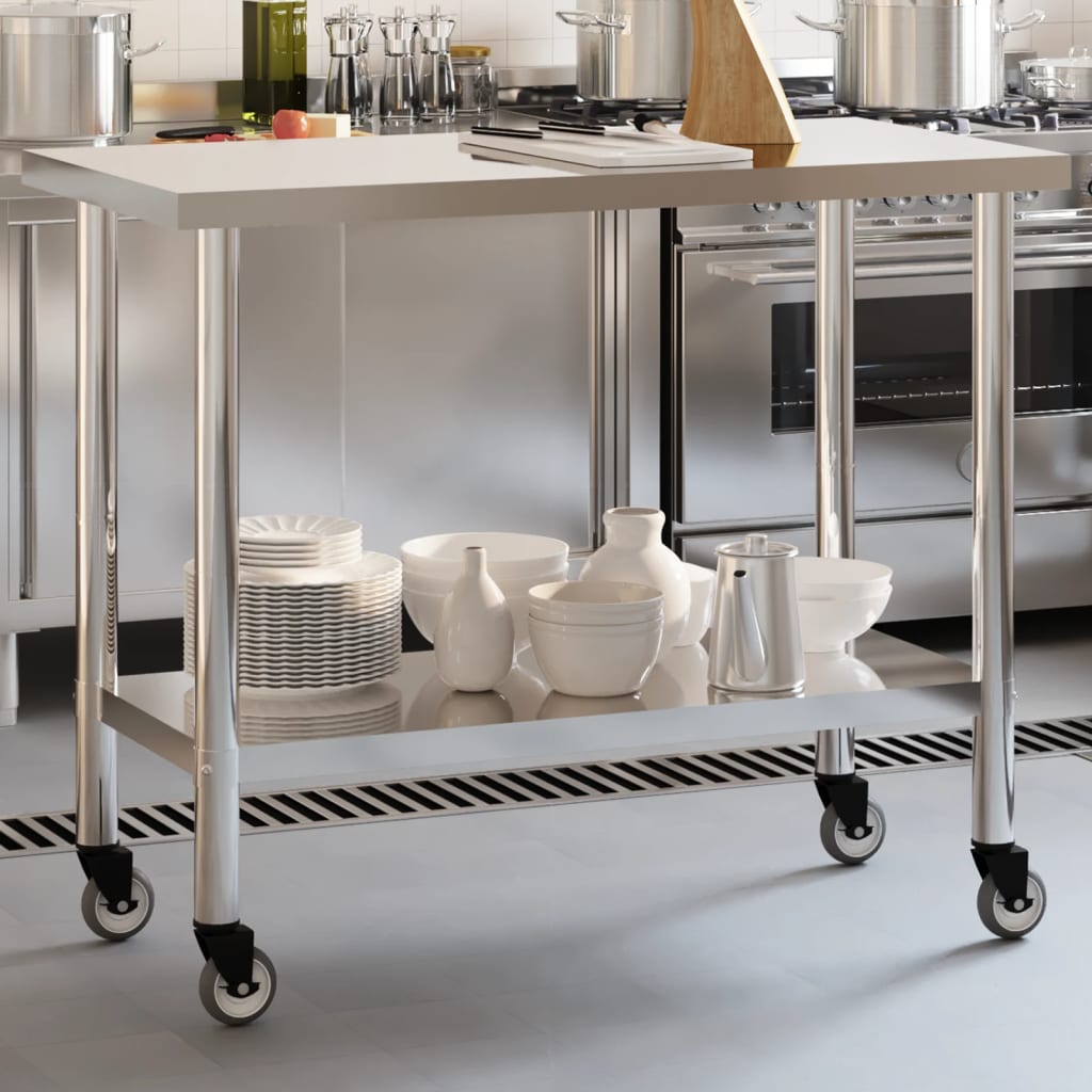 Tavolo da Lavoro Cucina con Ruote 110x55x85 cm in Acciaio Inox - homemem39