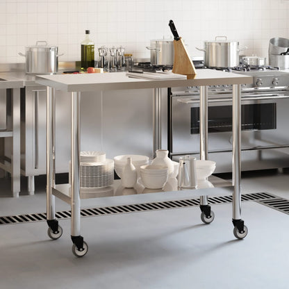 Tavolo da Lavoro Cucina con Ruote 110x55x85 cm in Acciaio Inox | homemem39