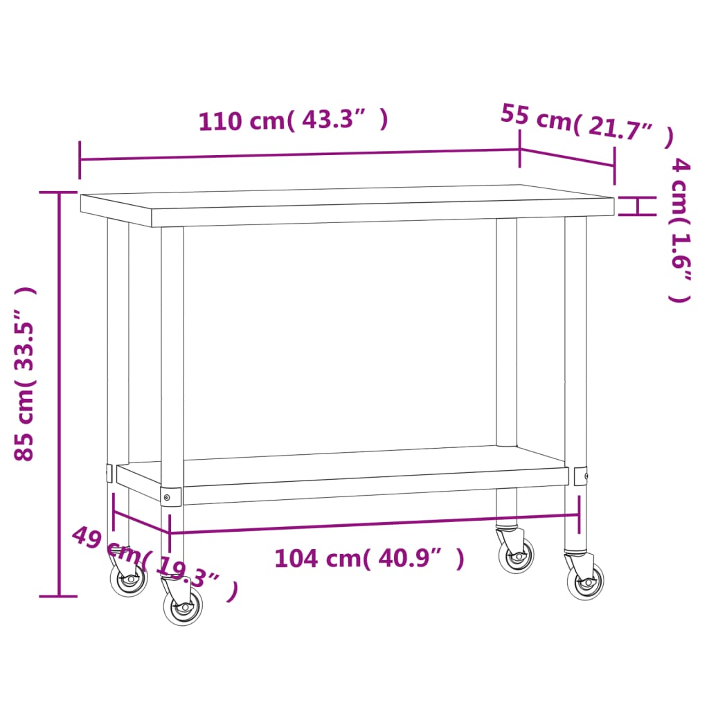 Tavolo da Lavoro Cucina con Ruote 110x55x85 cm in Acciaio Inox | homemem39
