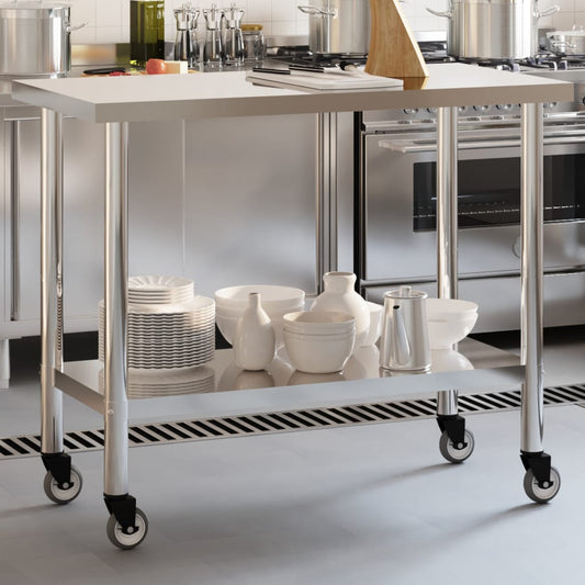 Tavolo da Lavoro Cucina con Ruote 110x55x85 cm in Acciaio Inox | homemem39