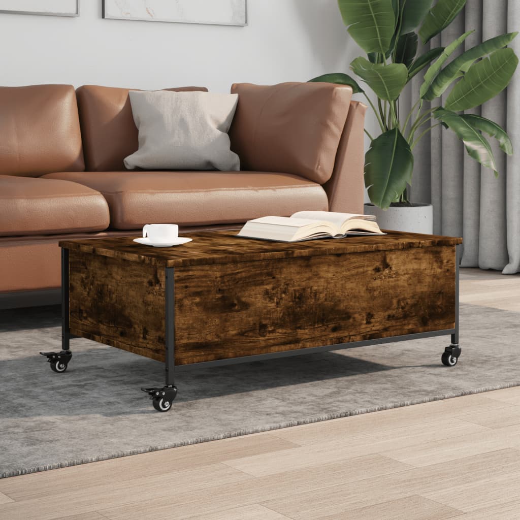 Tavolino con Ruote Rovere Fumo 91x55x34 cm in Legno Multistrato | homemem39