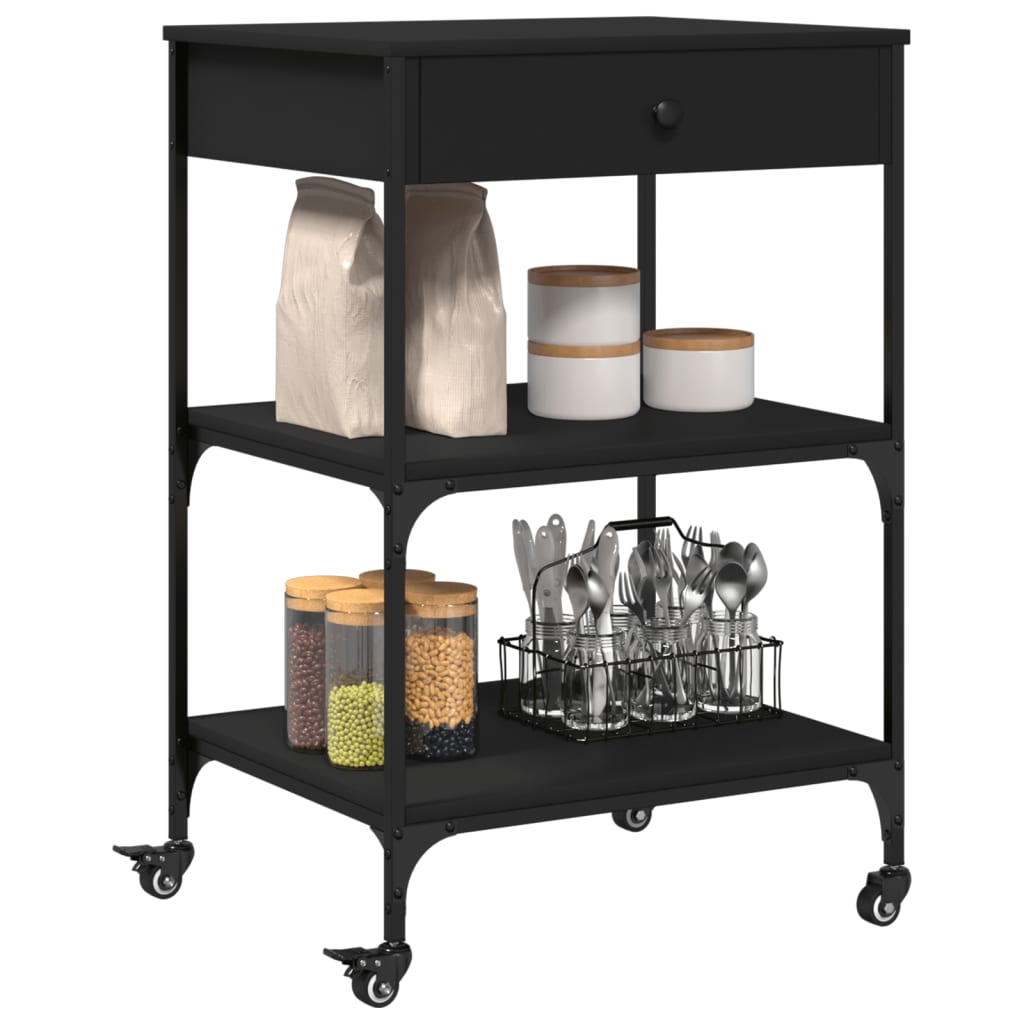 Black Kitchen Trolley 60x48x89.5 cm in Multilayer Wood