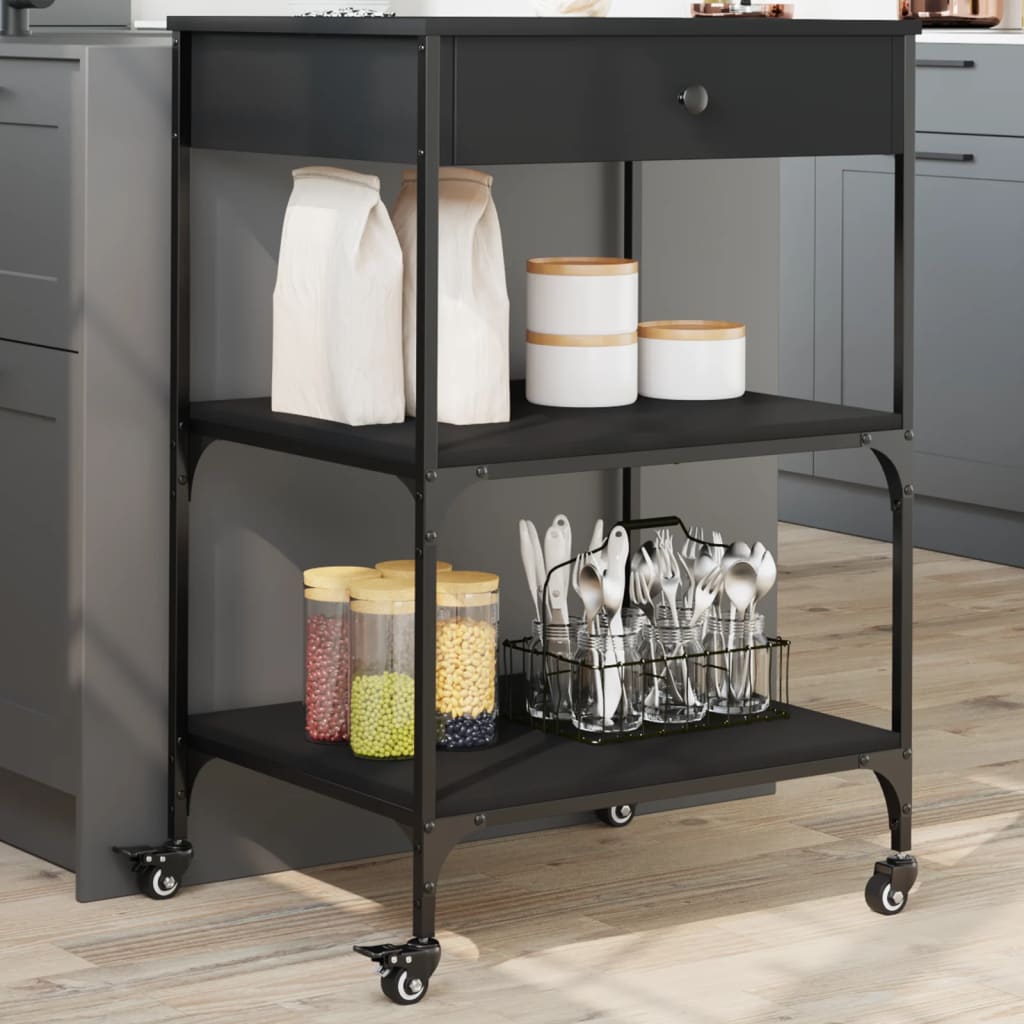 Black Kitchen Trolley 60x48x89.5 cm in Multilayer Wood