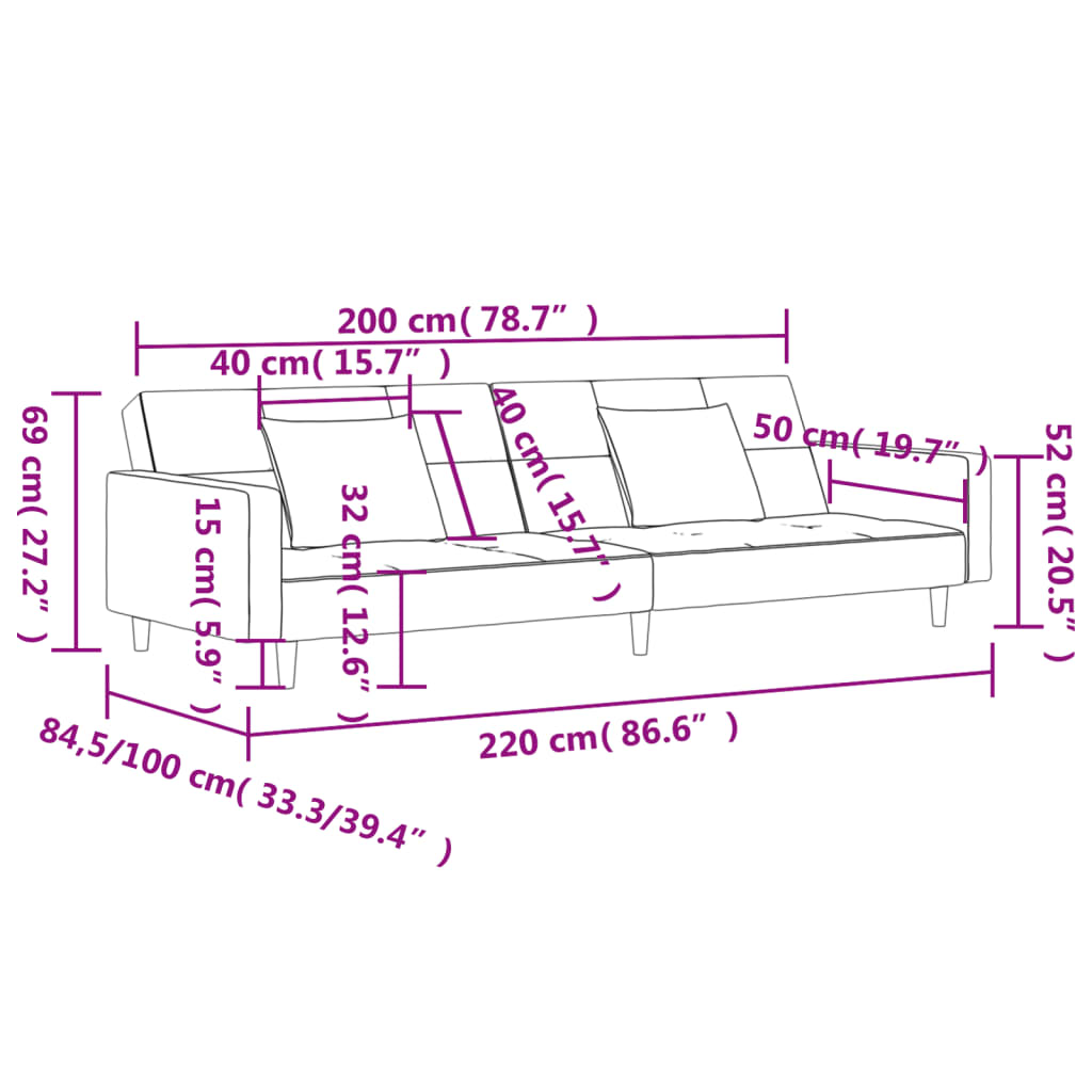 2-Sitzer-Schlafsofa mit 2 schwarzen Stoffkissen