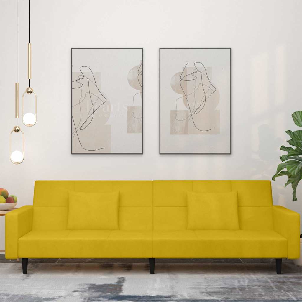Divano Letto a 2 Posti con 2 Cuscini Giallo in Velluto